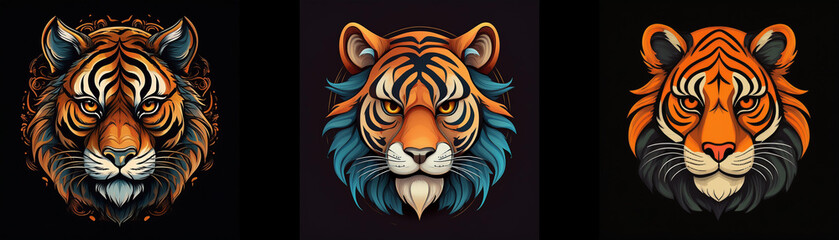 Fototapeta premium Three tiger heads with intricate detail, varying in color and style, set against a black background.