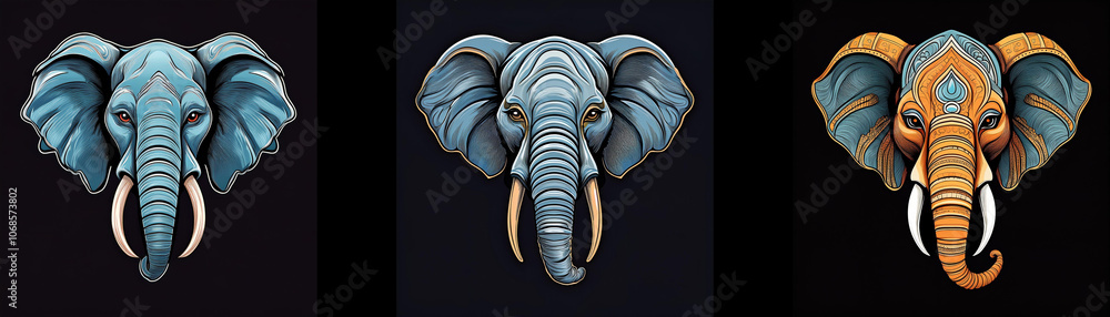 Poster three stylized elephant heads with different color schemes, each with a dark background.
