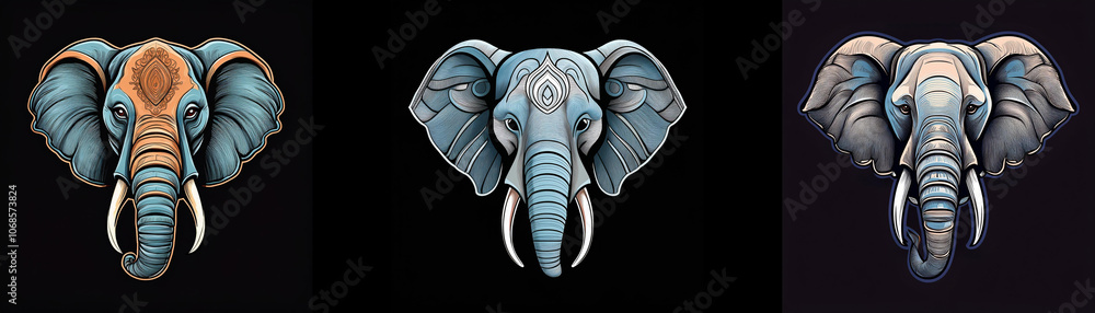 Aufkleber Three elephant heads are shown in an illustration with a black background. The elephants have different color patterns on their faces and ears, with a focus on their heads and tusks.