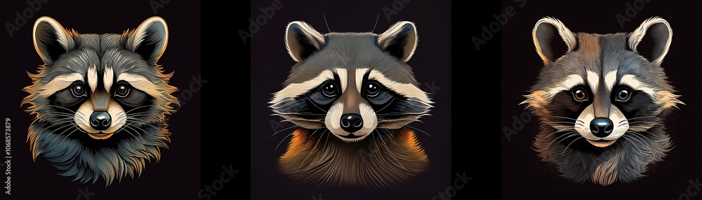 Aufkleber Three raccoons with different fur patterns, looking directly at the viewer with a curious expression.