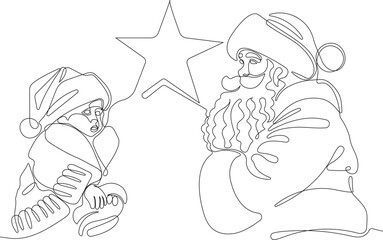 Outlined Cute Santa Claus Cartoon Character With A Sack Full Of Gifts. Vector Hand Drawn Illustration. One continuous line drawing Santa Claus on reindeer and sled. concept for Christmas and New Year