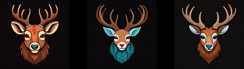 Three cartoon deer heads with antlers, with a black background.