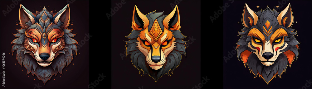 Poster three wolf heads with a dark background. the wolf's have a stylized look with an intricate orange pa