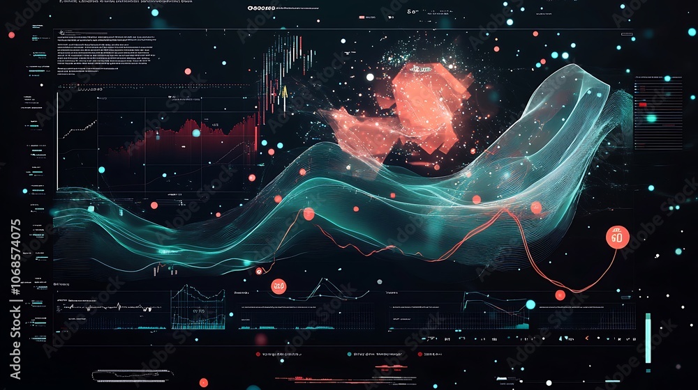 Poster abstract digital interface with wavy lines, graphs, and data points on a black background