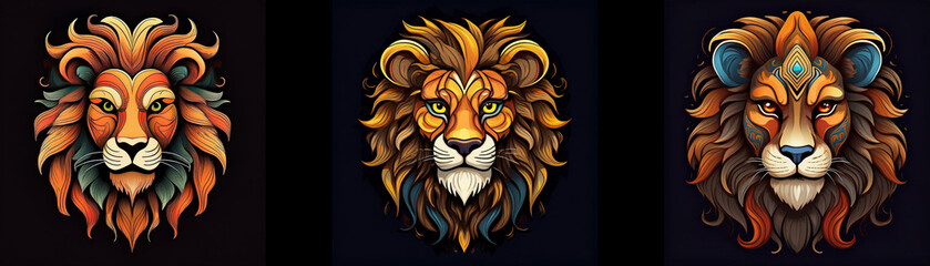 Obraz premium Three lion heads with intricately detailed manes and faces, rendered in vibrant colors against a dark background.