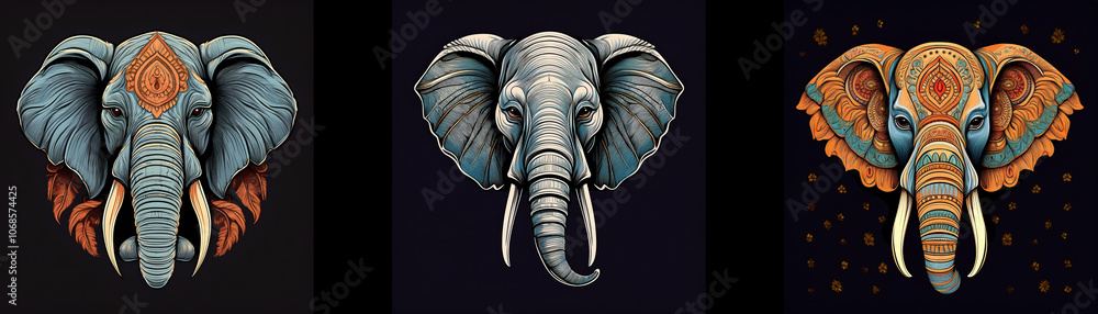 Poster three elephant head illustrations with ornate patterns and different color schemes.