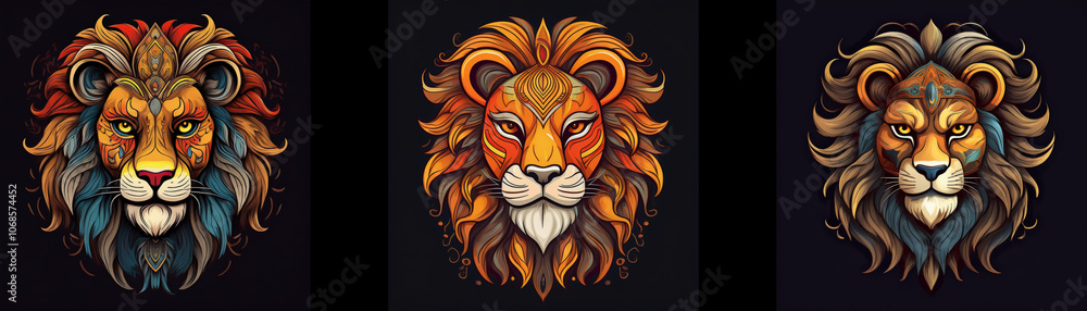 Poster three stylized lion heads with intricate patterns, each in a different color palette.