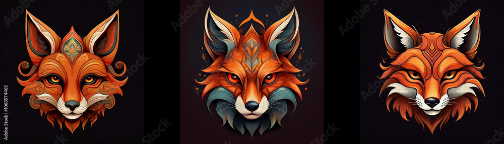 Aufkleber three stylized fox heads in a row against a dark background. the fox's fur is in shades of orange an
