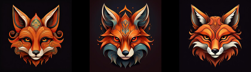 Obraz premium Three stylized fox heads in a row against a dark background. The fox's fur is in shades of orange and brown with hints of gold and blue.