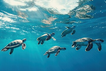 Fototapeta premium Sea turtles swimming peacefully in ocean water.