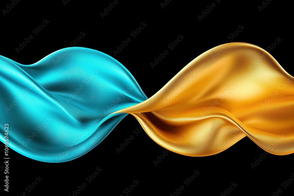 Aufkleber dynamic waves in vivid cyan and gold sweeping across black background wide-angle shot soft shadows l