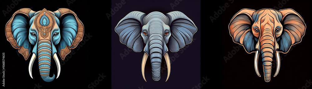 Aufkleber Three stylized elephant heads, each with unique colors and patterns, are presented against a black background.
