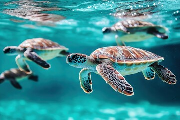 Sea turtles swimming peacefully in ocean water.