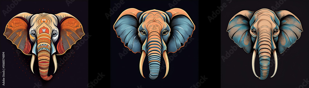 Poster three detailed elephant heads are showcased. the elephants have large ears and trunks, with each ele