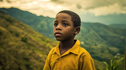 Obraz premium Serene Haitian Boy Amidst Mystical Tropical Mountains