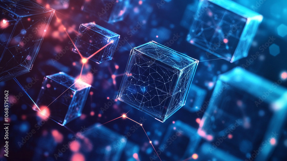 Poster exploration of digital cubes in a futuristic network environment with glowing nodes