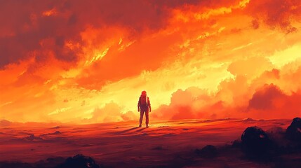 Astronaut standing on Mars under dramatic orange sky.