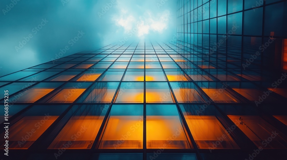 Poster low angle view of a skyscraper with glowing windows against a blue cloudy sky.