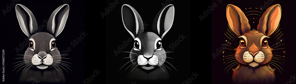Poster three rabbit faces with different color variations.