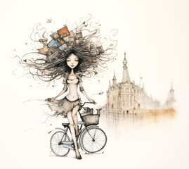 Obraz premium Jeune fille à vélo avec un chapeau fantaisie 