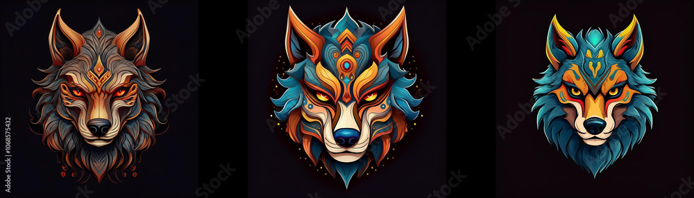 Poster three wolf heads with unique patterns are against a dark background.