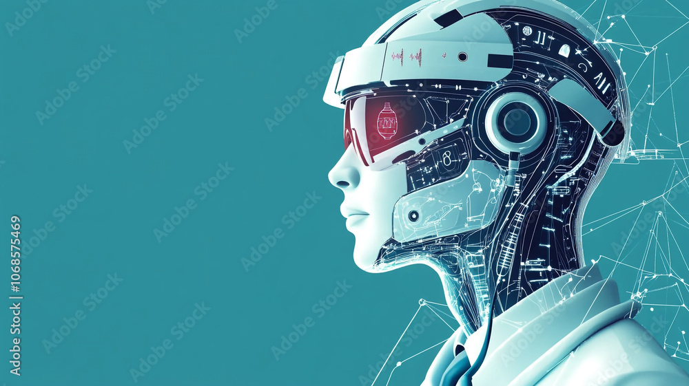 Poster futuristic humanoid robot with high-tech visor and digital circuitry background illustrating ai