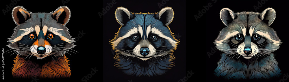 Poster three raccoons with different colored fur looking directly at the viewer.
