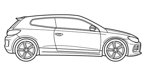 Outline drawing of a hatchback sport car from side view. Classic style. Vector outline doodle illustration. Design for print or color book