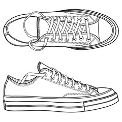 Set of hand drawn sneakers, gym shoes, top view. Image in different views - front, back, top, side, sole and 3d view. Doodle vector illustration.