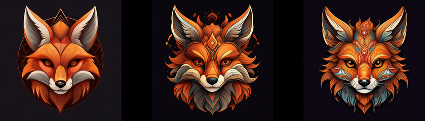 Three stylized fox head illustrations with different designs.
