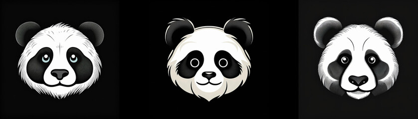 Three panda bears with black eyes and black fur around their eyes are against a black background.