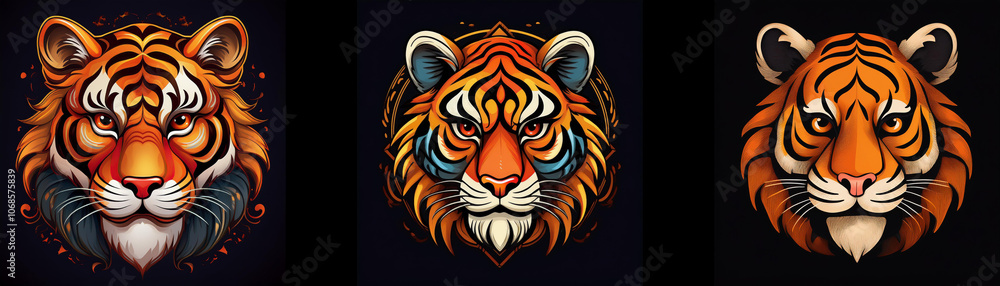 Poster three tiger heads in a row, each with a unique style. the tigers are facing the viewer with orange a