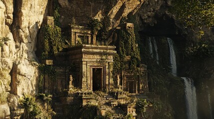 Ancient temple ruins hidden in a lush jungle, with a waterfall cascading down a cliff face.