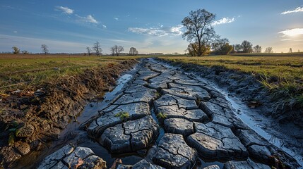 The dry ground features deep cracks and patches of vegetation, with a distant tree line and a...