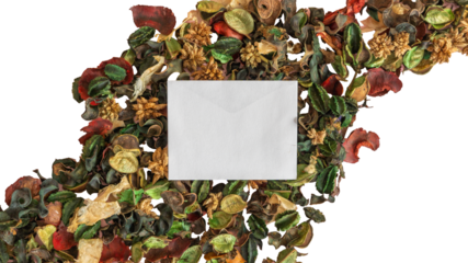 A white card is placed in the middle of a pile of dried leaves and flowers. The card is blank and the leaves are scattered around it. Romantic concept of nostalgia and the passing of time.