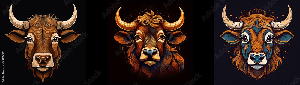 Poster Three bull heads are illustrated in a dark background, each with unique color patterns.