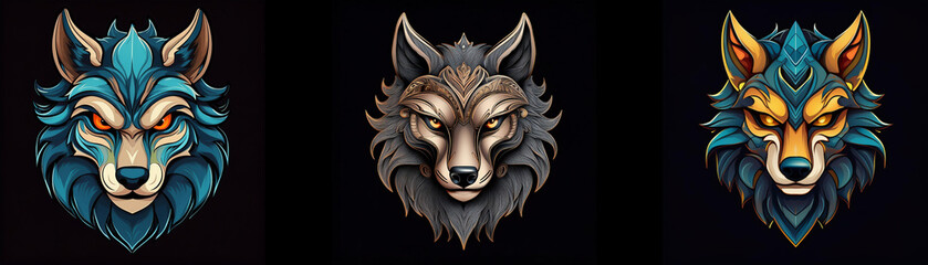 Obraz premium Three wolf heads in various colors, detailed and stylized with bold, fierce expressions against a black background.