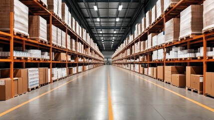 Fototapeta premium Interior view of a large industrial warehouse with tall shelves filled with stacked cardboard boxes and wrapped pallets under bright lighting.