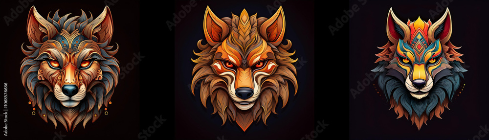 Poster Three wolf heads in various color schemes, looking directly at the viewer.