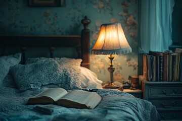Open book lies on a bed illuminated by a vintage lamp in a cozy bedroom with floral wallpaper