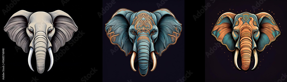 Aufkleber Three different colored elephant heads with large ears and tusks against black background.