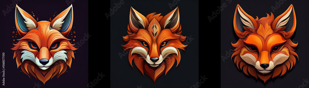 Poster three fox heads with different styles are displayed against a dark background.