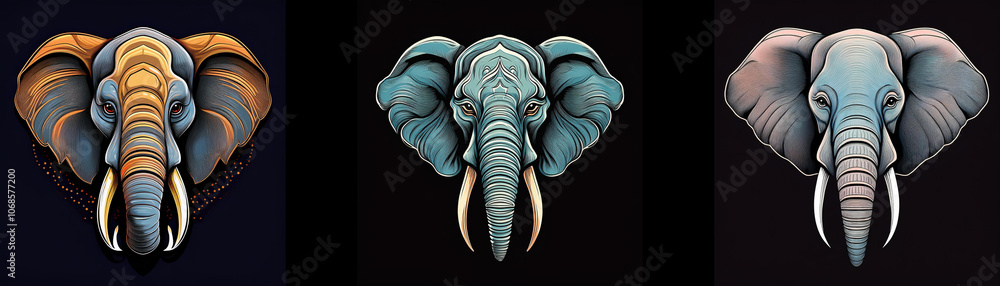 Poster three elephant heads are depicted with a black background. the elephants are facing the viewer. each