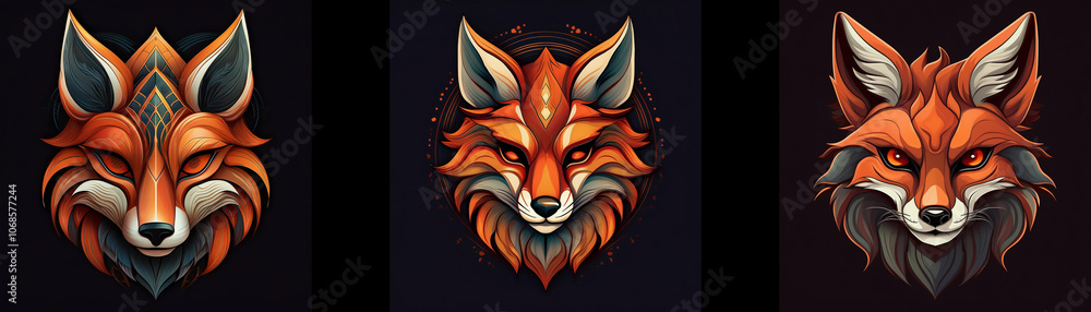 Aufkleber three fox heads in orange and brown hues with intricate patterns.