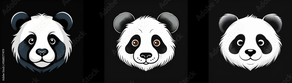 Poster three panda bear faces with different expressions are depicted against a black background.