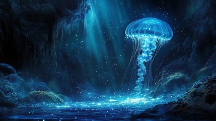 Glowing jellyfish floating near shore at night.