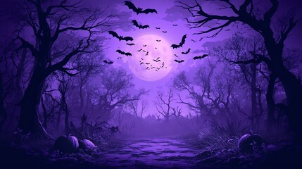 Fototapeta premium A spooky Halloween scene with a full moon, bats flying, and pumpkins in a dark forest.