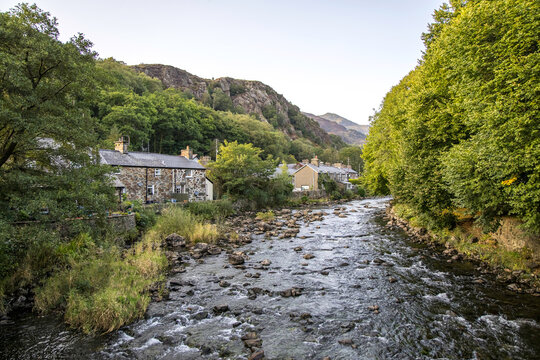 Afon Glaslyn in North Wales Cymru, UK, flowing past the village of Beddgelert.