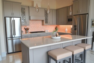 Fototapeta premium Contemporary Kitchen with Stainless Steel Appliances and Island with Bar Stools