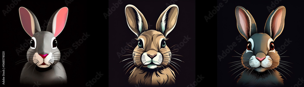 Poster three cartoon rabbits with different fur colors looking directly at the viewer.
